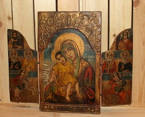 Vintage religious hand painted triptych icon The Virgin Mary Jesus Christ Child - Picture 1 of 8