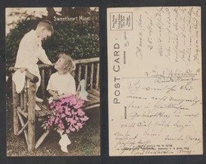 Valentine Sweetheart Mine Boy and Girl on Wooden Bench Hand Printed Postcard - Picture 1 of 3