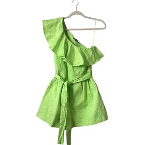 Flying Tomato One Shoulder Ruffle Romper Belted Green Cute Size L Anthropologie - Picture 1 of 6