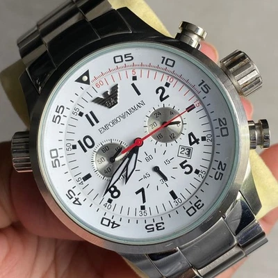 Raro Orologio Uomo Emporio Armani AR0557 Cronografo Quadrante Bianco Quarzo Data - Immagine 1 di 4