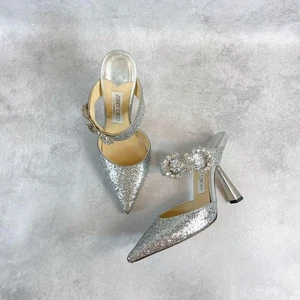 Jimmy Choo Glitter Cristallo Mules Tacchi Argento EU37/US7 Donna Autentico Popolare - Foto 1 di 16
