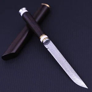 Damascus Steel Camping Fixed Blade Knife Hardened EDC Purple Sandalwood Handle - Picture 1 of 9