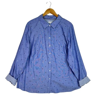 Camisa Croft & Barrow Para Mujer 2X Azul Estampado de Ancla Abotonada Manga Larga Algodón Foto 1 de 4