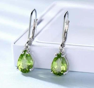 3.50Ct Teardrop Lab Created Green Peridot Dangle Earrings 14K White Gold Finish - Picture 1 of 4