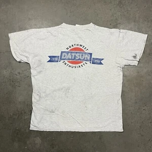 Vintage 90s Datsun Nissan Car Thrashed Graphic T Shirt Grey XL - Picture 1 of 10