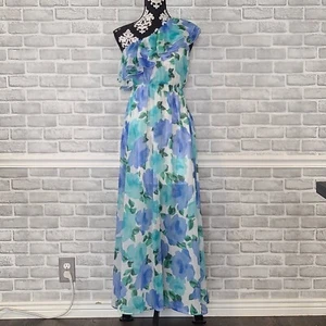 Maxi Vestido Dalia MacPhee Un Hombro Floral Gasa Talla Med Nuevo con Etiquetas Azul Forrado - Imagen 1 de 9