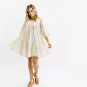 Free People Mystery Land Tunic Dress Size L Ivory Flowy Fringed Hem Babydoll - Picture 1 of 4