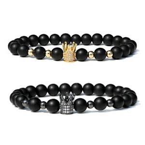 Men Women Crown Bracelet Natural Stone Matte Black Charm CZ Copper Bead Bracelet - Picture 1 of 58