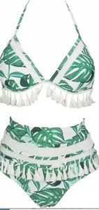 Two Piece Swimsuit Womens Palm Design Bikini High Waisted White And Green - Picture 1 of 7