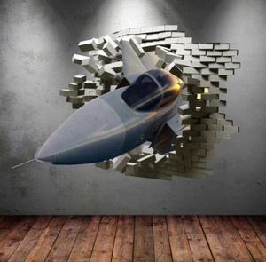 Army Fighter Jet Plane Cracked Bricks 3D Wall Sticker Urban Decal Bedroom WSD237 - Picture 1 of 2