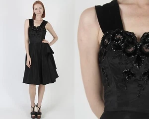 Vtg Art Deco 40s Satin Goth Beaded Evening Party Velvet Side Zipper Plain Dress - Picture 1 of 7