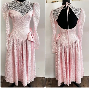 Abito da festa vintage Alfred Angelo pizzo rosa grande fiocco manica a sbuffo schiena aperta donna S/M - Foto 1 di 17