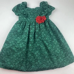 Laura Ashley London Girls Dress 5t Green Lace Red Flower Short Sleeve - Picture 1 of 9