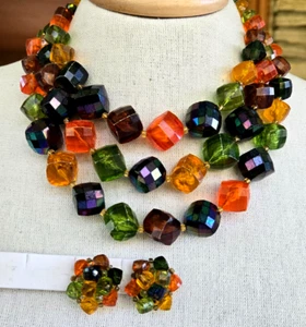 West Germany Acrylic Orange Green Chunky Bead 3Strand Necklace Clip Earrings Set - Picture 1 of 9