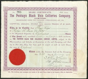 Wales: Pentwyn Black Vein Collieries Co. Ltd., £1 shares, 19[14], VF - Picture 1 of 1