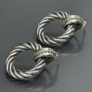 Vtg Italy Sterling 925 18k Yellow Gold Pierced Doorknob Hoop Earrings 1.25” - Picture 1 of 7