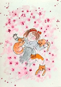 NEW! ACEO original handmade watercolor portrait little girl, baby , infancy,cat - Picture 1 of 5