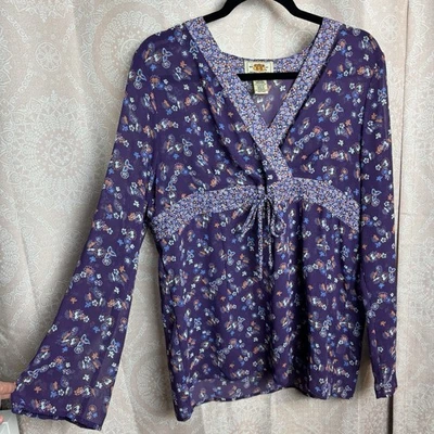 Blusa Babydoll Vintage Años 90 Y2K Route 66 Púrpura Floral Cuello en V Transparente Talla Grande Foto 1 de 4
