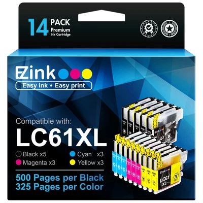 E Z Ink 14 Pack LC61 Ink Cartridges Compatible for Brother DCP MFC Printers - Image 1 of 4