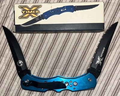 Faca de bolso dobrável Schrade X-Timer Lockback lâmina dupla nova na caixa azul/preto - Imagem 1 de 4