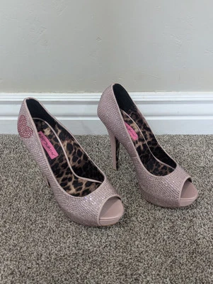 Zapatos para mujer Betsey Johnson Glitzeee rosa tacón alto plataforma punta abierta talla 9 Foto 1 de 4