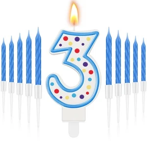 Blue Number 3 Birthday Candle with 10 Long Thin Cupcake Candle Happy Birthday... - Picture 1 of 6