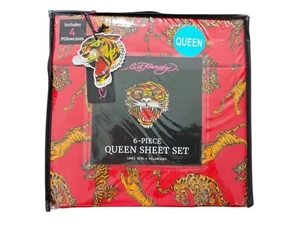 Ed Hardy Queen Sheet Set 6-Piece Bold Dark Red with Tigers Print *NEW* - Picture 1 of 3