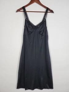Cabernet Vtg Full Slip Dress Womens Medium Black Silky Nylon Lace Trim A-Line - Picture 1 of 10