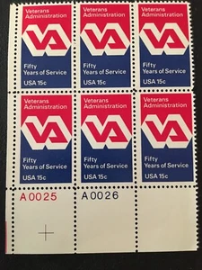 See Photos Scott1825 US Stamp 1980 15c Veterans Administration Block of 6 - Picture 1 of 2