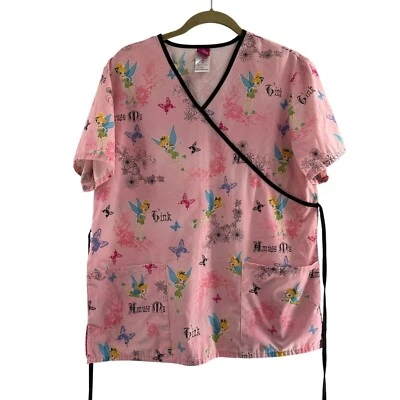 Disney Tinker Bell Pink Wrap Scrub Top M Short Sleeve Pockets Nurse Uniform - Image 1 of 4