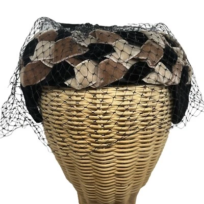 Cocktail Hat Vintage Velvet Ribbon Women's 50s Mesh Veil Open Top Retro Chic - Image 1 of 4