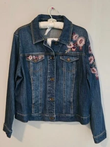 Coldwater Creek Floral Embroidered Denim Jacket Blue Jean Coat Petite XL PXL New - Picture 1 of 8