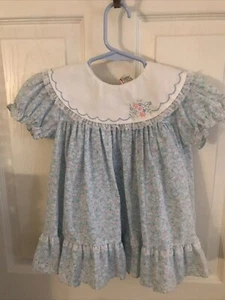 Vintage 90s Girls 4T Smocked Dress Floral Light Blue Bib Collar Ruffles - Picture 1 of 4