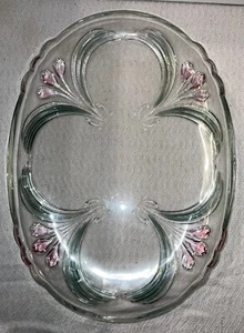 Oval Glass Serving Platter Tray With Rose Color Tulips And Blue Palms 11”x15” - Picture 1 of 9