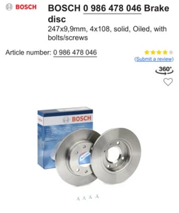 Peugeot Citroen BOSCH 0 986 478 046 Brake discs Peugeot Citroen - Picture 1 of 5
