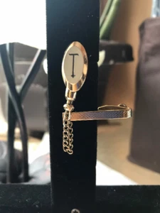 Vintage Hickok Initial “T” Stud Pin & Chain Deco Tie Bar Gold Plate Monogram - Picture 1 of 8
