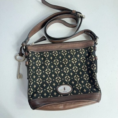 Bolso Bandolera Mensajero Fossil Maddox Cuero Negro y Lona Viajero Foto 1 de 4