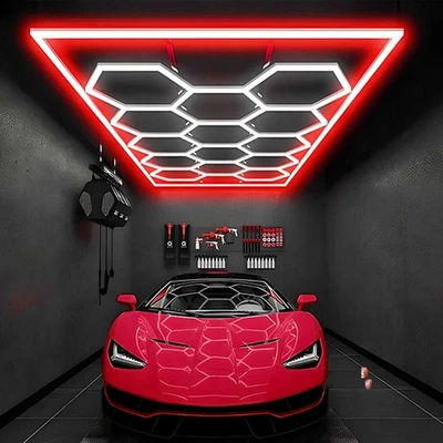 LED Hexagon Garage Lights 14 Grids 6500K Honeycomb Light w/Red Border for Garage - Image 1 of 4