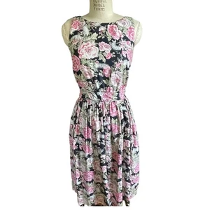 Vintage 90s Eileen West Dark Floral Roses Backless Midi Cotton Dress Size Medium - Bild 1 von 8