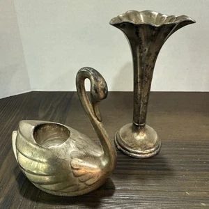 Set of 2 ~ Silverplated Swan Candleholder and Silverplated Minature 4.5" Vase - Picture 1 of 8