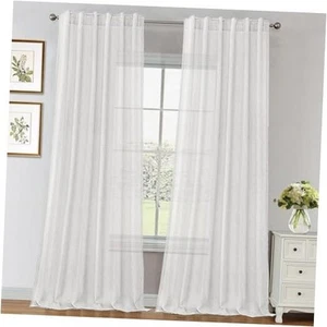 Linen Sheer Curtains 96 inch Length 2 Panels Set Light Filtering Drapes - Picture 1 of 7