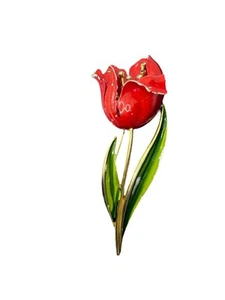 Crown Trifari red & green painted enamel tulip flower brooch pin rhinestones - Picture 1 of 14
