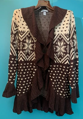 Suéter cárdigan Style & Co mujer 1X manga campana corbata frontal - marrón y blanco Foto 1 de 4