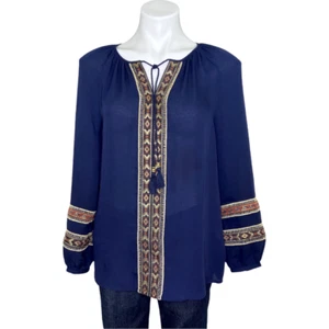 Chico's blau Boho Quaste Krawatte Langarm Bluse Small - Bild 1 von 9