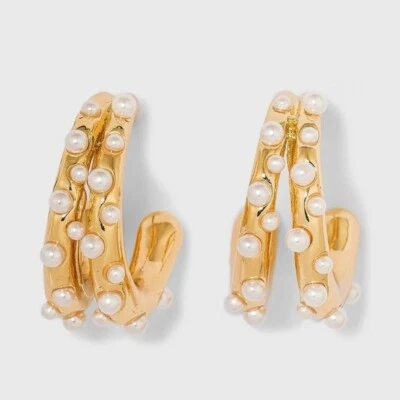 New SUGARFIX by BaubleBar Pearl and Gold Double Hoop Earrings - Gold..... - Image 1 of 4
