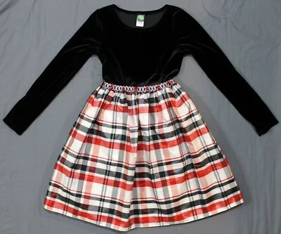 Vestido de fiesta Dollie & Me para niña talla 12 manga larga negro terciopelo/rojo a cuadros Foto 1 de 4