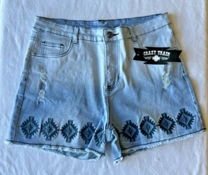 Pantalones Cortos Crazy Train Azul Denim Grande Bordado Azteca Vaquera Occidental Envejecido - Imagen 1 de 6