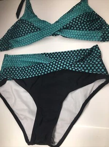 Zando Teal/Black Polkadot Two Piece Bikini Sz 8-10 - Picture 1 of 3