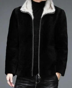 Cappotto corto uomo vera lana di agnello shearling pelliccia visone collo giacche soprabito nero - Foto 1 di 6