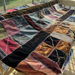 Antique Crazy Quilt Hand Sewn &Tied Heavily Embroidered Satin Silk Velvet A21 - Picture 1 of 21